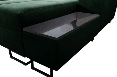 Narożnik z funkcją spania Alcamo zielony prawostronny elegancki i stylowy narożnik z dostawką praktyczna szuflada w boczku mebla