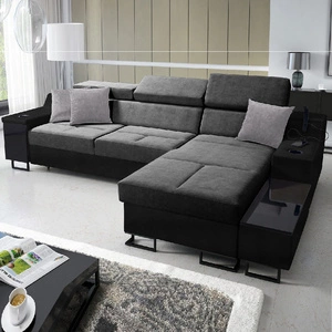 Narożnik z funkcją spania Alcamo szary / czarny prawostronny elegancki i stylowy narożnik z dostawką praktyczna szuflada w boczku mebla