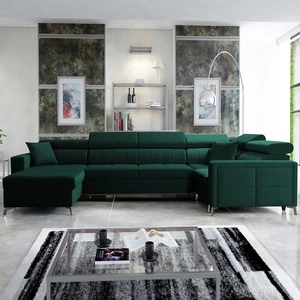 Narożnik z funkcją spania Nausa V butelkowa zieleń lewostronny elegancki narożnik do salonu wykonany z miękkiej tkaniny typu velvet