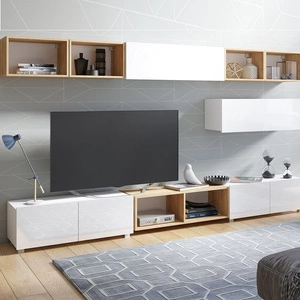 Meblościanka Apulia XXVI biały połysk / dąb złoty wyjątkowo stylowa meblościanka proste bryły wpisujące się w każde wnętrze