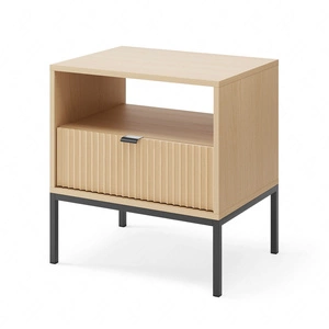 Szafka nocna z szufladą Lovro dąb vicenza gustowny ryflowany dekor idealna szafka do sypialni metalowe wysokie nogi