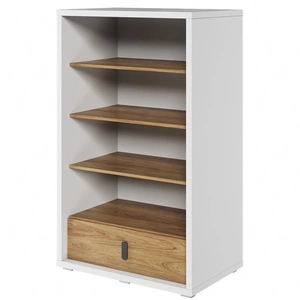 Regał Simi 85 cm biały / hikora naturalna stylowy szeroki regał wyposażony w szufladę o stabilnej konstrukcji i modnej kolorystyce