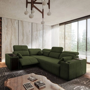 Narożnik z funkcją spania Tesalia II Lux zielony lewostronny wygodny narożnik z przesuwanym oparciem oraz wysuwanym podnóżkiem