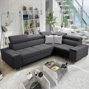 Narożnik z funkcją spania Dafni II grafitowy prawostronny pleciony narożnik z pojemnikiem na pościel szuflada w boczku mebla