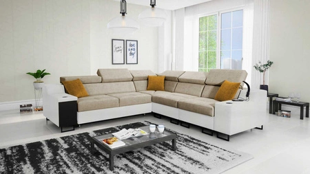 Narożnik z funkcją spania Alcamo III beżowy / biały prawostronny funkcjonalny narożnik z szufladą w boczku dwa pojemniki na pościel