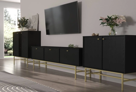 Meblościanka Kioto III czarny grafit stylowy design mebli do salonu eleganckie meble wsparte na stabilnym stelażu złote uchwyty