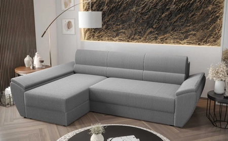Narożnik z funkcją spania Fogu III szary popiel lewostronny stylowy narożnik z podłokietnikami pojemnik na pościel sztruksowa tkanina