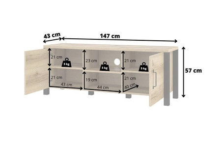 Szafka RTV Olin 147 cm appenzeller / czarny stylowa szafka pod telewizor w stylu industrialnym uchwyty w kolorze czarnym