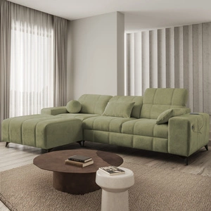 Narożnik z funkcją spania Penejos oliwkowy lewostronny elegancki narożnik z pojemnikiem na pościel komfortowe regulowane zagłówki