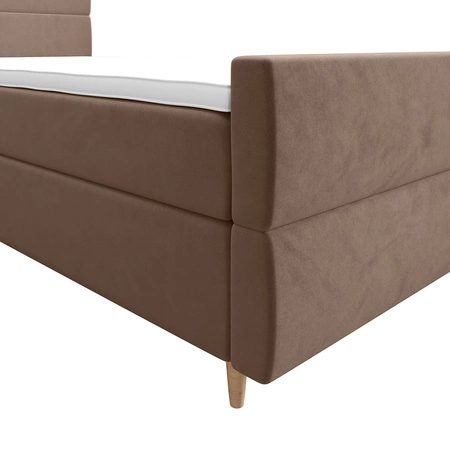 Łóżko kontynentalne Benet 90x200 jasny brąz w nowoczesnym skandynawskim stylu z tapicerowanym zagłówkiem oraz zanóżkiem łóżko z pojemnikiem