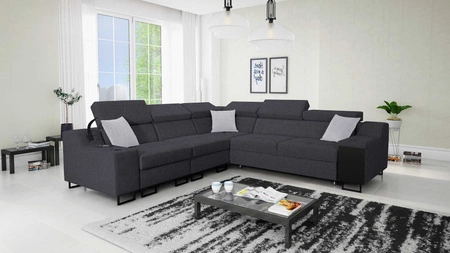 Narożnik z funkcją spania Alcamo III grafitowy lewostronny funkcjonalny narożnik z szufladą w boczku dwa pojemniki na pościel