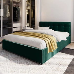 Łóżko tapicerowane Montigo 140x200 butelkowa zieleń z pojemnikiem w nowoczesnym skandynawskim stylu z pikowanym zagłówkiem