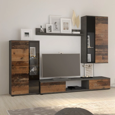 Meblościanka Senja matera / old style nowoczesny design witryna stojąca i wisząca półki z bezpiecznego szkła hartowanego