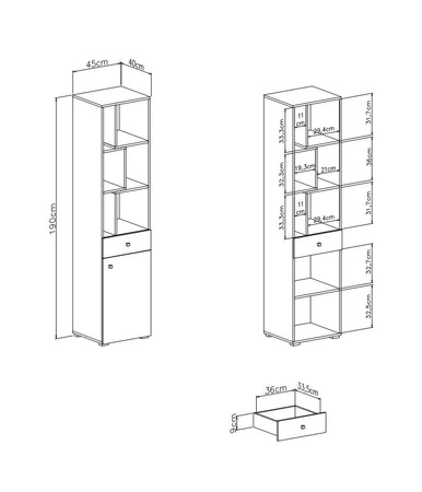 Regał Epsilon 45 cm beton / biały / dąb idealny do pokoju młodzieżowego stylowy i funkcjonalny regał na książki z szufladą