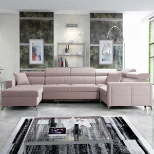 Narożnik z funkcją spania Nausa V pudrowy róż lewostronny elegancki narożnik do salonu wykonany z miękkiej tkaniny typu velvet