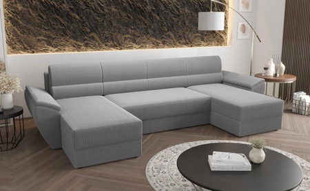 Narożnik z funkcją spania Fogu U II szary popiel wygodny narożnik z komfortowymi podłokietnikami ciekawy design pojemnik na pościel