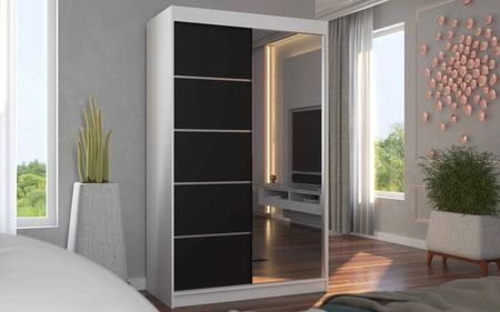 Szafa przesuwna z lustrem Nicea 120 cm biały / czarny pojemna szafa do sypialni z ozdobnymi listwami ergonomiczny układ wnętrza
