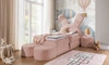 Łóżko kontynentalne Beti Plus 100x200 różowe uroczy unikatowy zagłówek w kształcie króliczka łózko z szafkami nocnymi i pufami