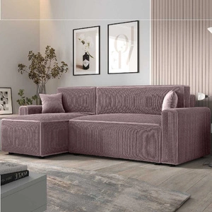 Narożnik z funkcją spania Brandon Bis wrzosowy lewostronny trójwymiarowa tkanina o wyrazistych prążkach pojemnik na pościel