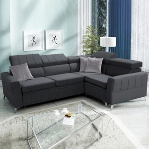 Narożnik z funkcją spania Rava II grafitowy prawostronny velvet komfortowy narożnik z pojemnikiem na pościel wielofunkcyjna lampka