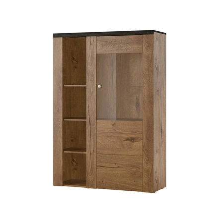 Witryna niska Larona 100 cm dąb lefkas / touchwood elegancka witryna do salonu prosta bryła idealna do każdego wnętrza elementy z bezpiecznego szkła hartowanego