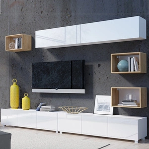 Meblościanka Apulia XXXI biały połysk / dąb złoty wyjątkowo stylowa meblościanka proste bryły wpisujące się w każde wnętrze