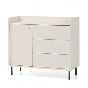 Komoda z szufladami Ferdi 104 cm beż piaskowy estetyczna komoda do salonu osadzona na smukłych metalowych nogach wysokie ranty blatu