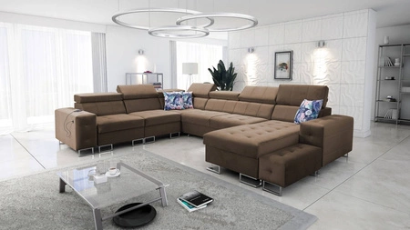 Narożnik z funkcją spania Hampton VIII jasny brąz prawostronny nowoczesny design narożnik rozkładany do salonu funkcjonalna dostawka