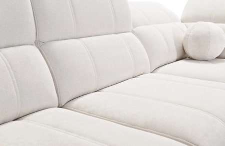 Narożnik z funkcją spania Penejos IX kremowy prawostronny stylowy narożnik z pojemnikami na pościel wygodne regulowane zagłówki