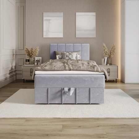 Łóżko kontynentalne Casey 100x200 błękitne w nowoczesnym skandynawskim stylu z tapicerowanym zagłówkiem łóżko z pojemnikiem