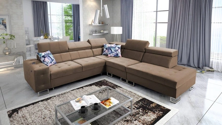 Narożnik z funkcją spania Hampton IX jasny brąz prawostronny stylowy i nowoczesny design narożnika idealny mebel do każdej aranżacji