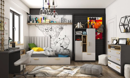 Łóżko Pok 90x200 cm grafit / szary wygodne łóżko z materacem bonellowym i pojemną szufladą idealne łóżko dla dziecka lub nastolatka