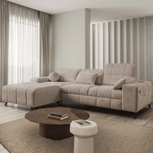 Narożnik z funkcją spania Penejos ciemny beżowy lewostronny elegancki narożnik z pojemnikiem na pościel regulowane zagłówki