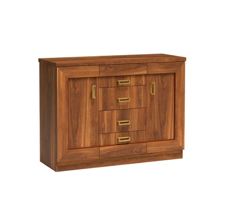 Komoda z szufladami Tade 120 cm dąb stuletni elegancki styl idealna komoda wzbogacona o metalowe złote uchwyty do salonu sypalni lub biura