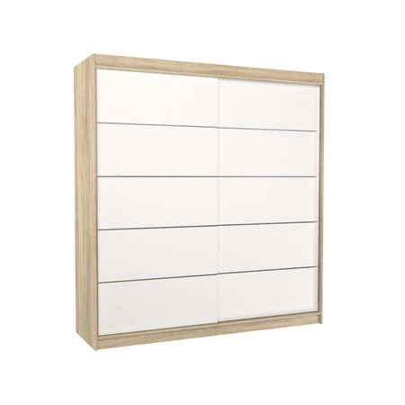 Szafa przesuwna Esteva 200 cm dąb sonoma jasny / biały praktyczna szafa do sypialni fronty wykończone poziomymi srebrnymi listwami