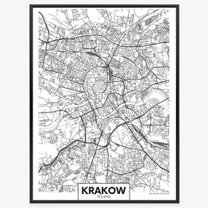 Plakat mapa Krakowa szwarc plan 70x100 plakat w ramie precyzyjny wydruk ze stylową grafiką doskonała dekoracja do salonu lub sypialni