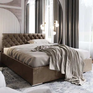 Łóżko tapicerowane Bauru 180x200 jasny brąz z pojemnikiem w nowoczesnym skandynawskim stylu z pikowanym zagłówkiem z kryształkami