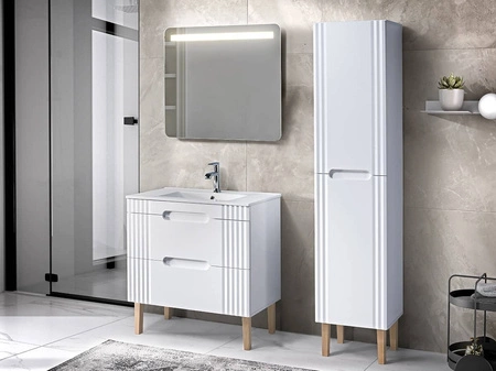 Szafka pod umywalkę Fiji White 80 cm biała funkcjonalna szafka z szufladami odporna na uszkodzenia ozdobne ryflowanie na frontach