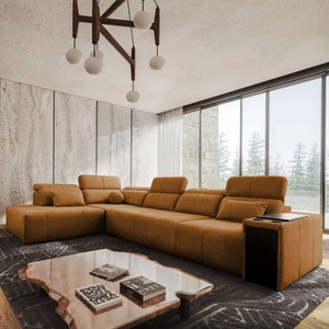 Narożnik z funkcją spania Tesalia XI miodowy lewostronny nowoczesny narożnik z komfortowym przesuwanym oparciem i pojemną szufladą