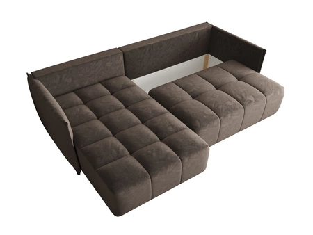 Narożnik z funkcją spania Oroso jasny brąz lewostronny miękka tkanina typu velvet z powłoką hydrofobową pojemnik na pościel