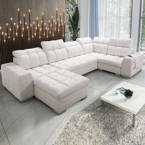 Narożnik z funkcją spania Luigi IV jasny beż lewostronny elegancki narożnik do salonu wykonany z miękkiej tkaniny typu velvet