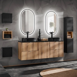 Zestaw mebli łazienkowych Nova dąb coast evoke / czarny stylowe szafki łazienkowe modne zestawienie gładkich i ryflowanych frontów