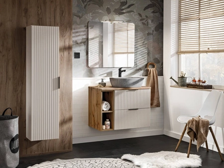 Szafka pod umywalkę Adeel 80 cm beżowa starannie wykonana szafka z szufladami odporna na działanie wilgoci ryflowane fronty