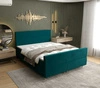 Łóżko kontynentalne Benet 180x200 turkusowe w nowoczesnym skandynawskim stylu z charakterystycznym wezgłowiem oraz zanóżkiem
