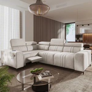 Narożnik z funkcją spania Castel II Lux beżowy lewostronny wygodny narożnik do salonu z komfortowym wysuwanym podnóżkiem