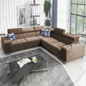 Narożnik z funkcją spania Hampton III jasny brąz prawostronny komfortowy narożnik wykonany z gładkiej i miękkiej tkaniny typu velvet