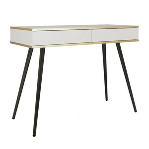 Konsola Luxury biała z szufladami stylowa i elegancka toaletka wsparta na wysokich czarnych nogach korpus zwieńczony złotą listwą
