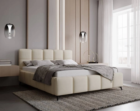 Łóżko tapicerowane Olne 140x200 beżowe stylowe łóżko z pojemnikiem na pościel wygodny zagłówek zachwyca eleganckim designem