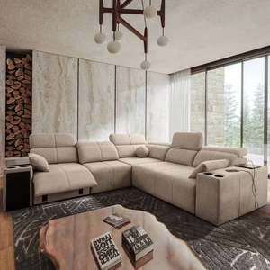 Narożnik z funkcją spania Tesalia III Lux beżowy lewostronny komfortowy narożnik z wysuwanym podnóżkiem funkcja przesuwanego oparcia