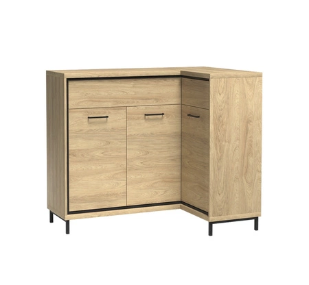 Komoda narożna Mediolan Plus 127,5x85 cm hikora elegancka komoda z czarnymi dodatkami oraz metalowymi nogiami szuflady z systemem push to open